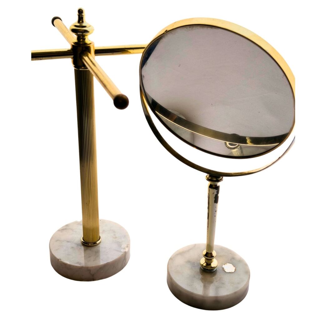 MCM Mirror 4 Towel Holder Swivel Pedestal Set Marble Base Gold Removable Arms